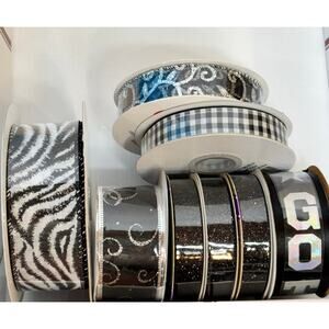 Ribbon Lot of 8 Rolls Black/White/Silver Crafts Homecoming Gingham Zebra Glitter